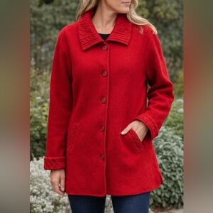 Nordic Design 100% Boiled Wool Jacket Red Cable Knit Trim XL